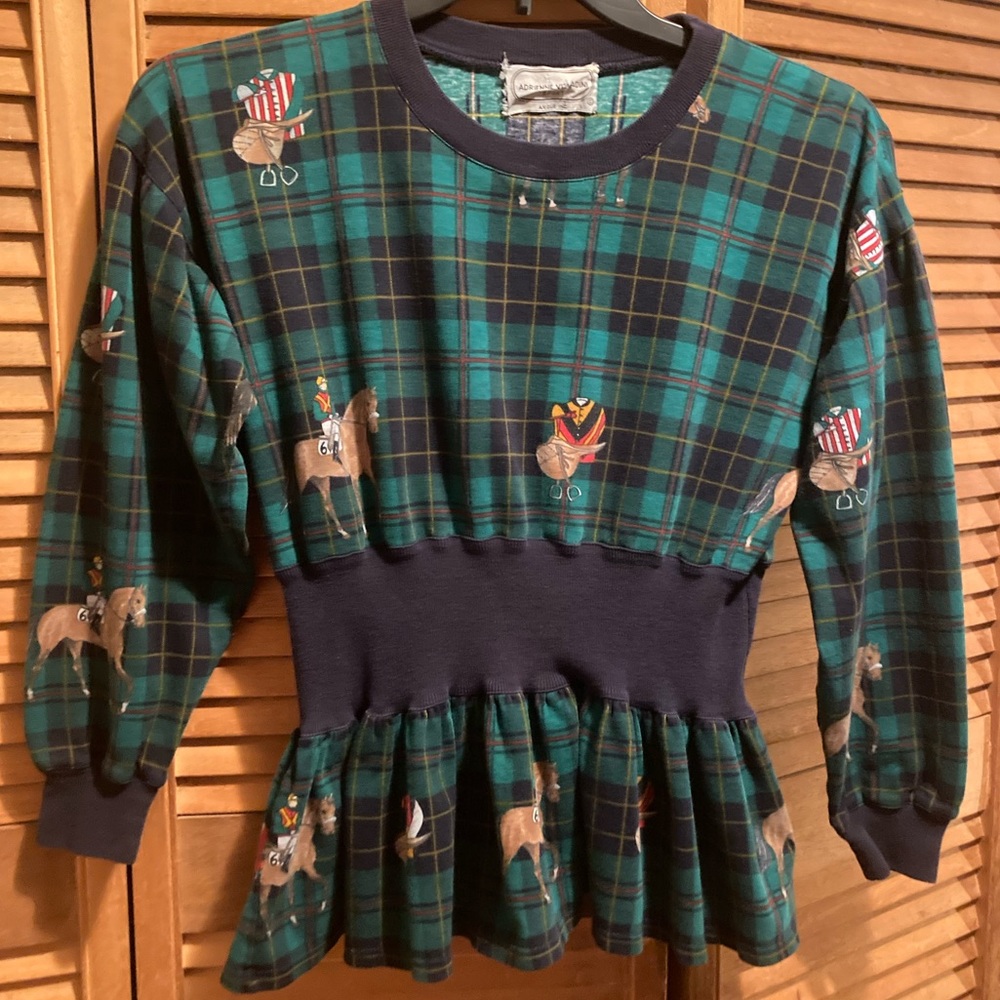 Vintage Adrienne Vattadini Navy Blue & Green Equestrian Designed Peplum …